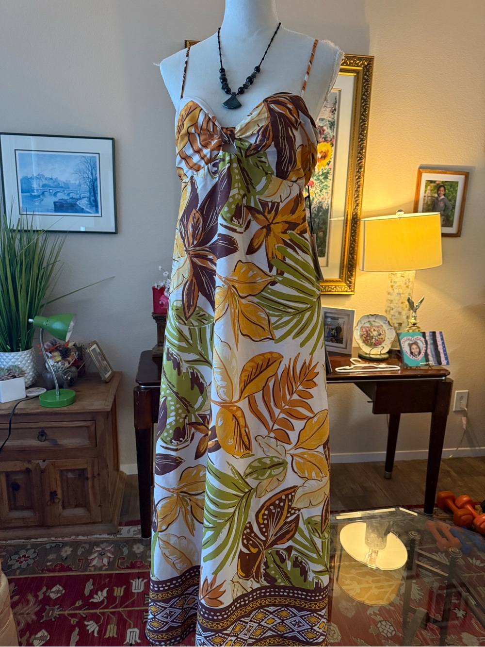 Sleeveless Tropical Maxi Dress in Mustard, Olive & Brown